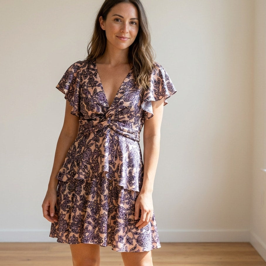 A.L.C. Viera Pink/Purple Floral Print Twist-Front Silk Mini Dress, size 0