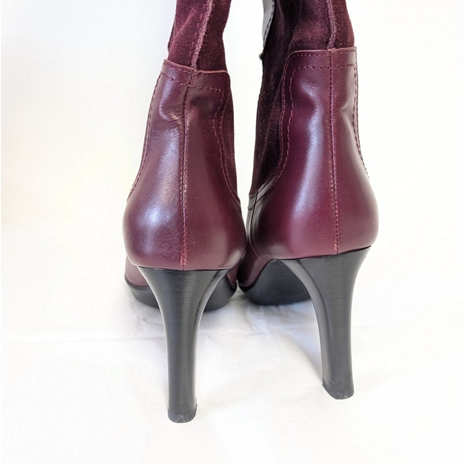 Aquatalia Wine Burgundy Leather Suede Knee-High Boots Womens 10 High Heel