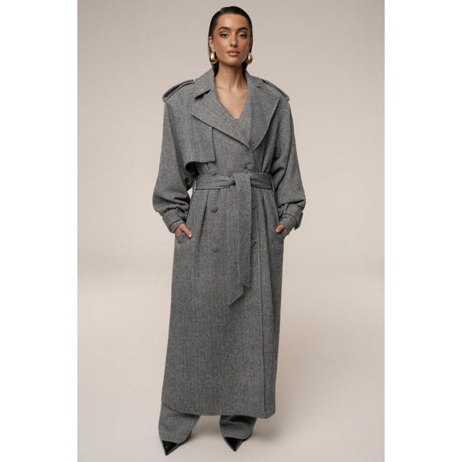 JLUXLABEL Herringbone Oversized Trench Coat Womens L/XL Gray Wool Blend Long NWT