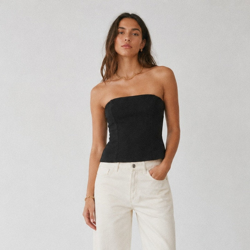 Anine Bing Thea Bustier Strapless Corset Top Womens M Black Crepe Cropped NWT