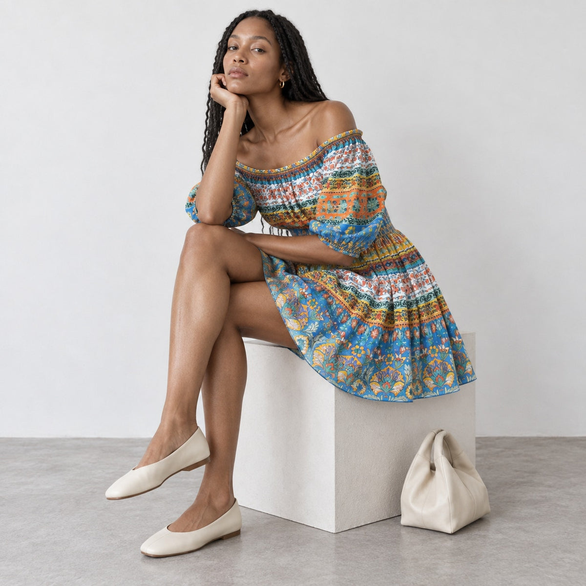 Shoshanna Solstice Cotton Off-Shoulder Multicolor Mini Dress, size XS