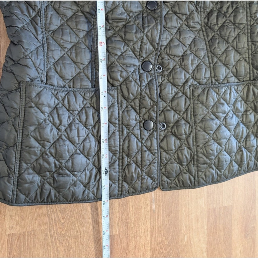 Burberry Quilted Jacket Coat Women's L Green Button Front Long Sleeve Checked