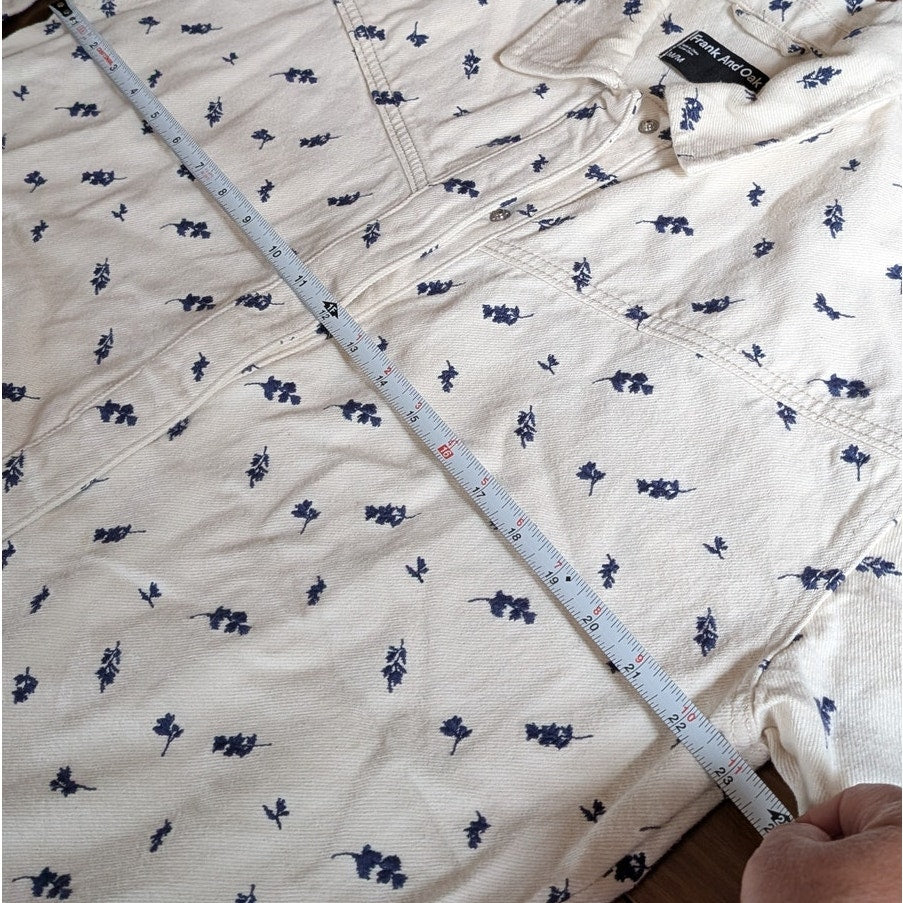 Frank & Oak Cream/White Floral Denim Button-up Long Sleeve Overshirt, size M