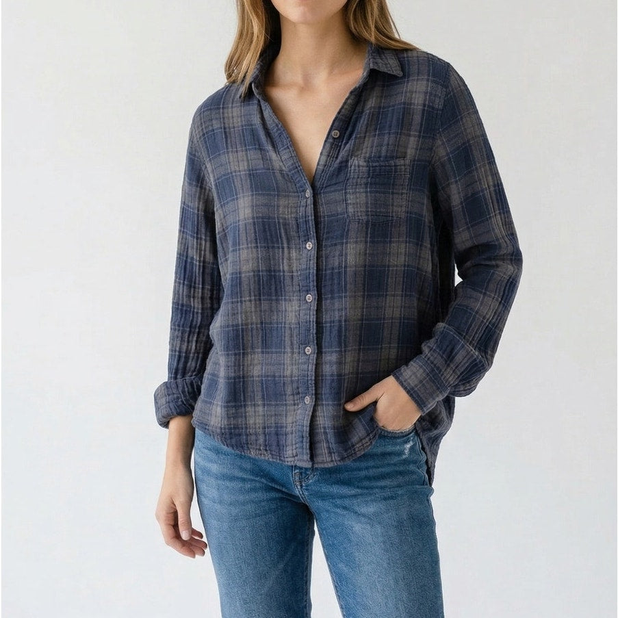 CP Shades Shirt Unisex Womens M Navy Plaid Gauzy Cotton Flannel Button Front