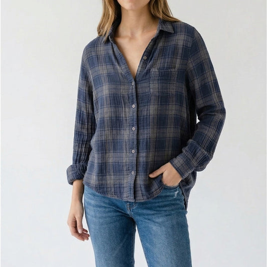 CP Shades Shirt Unisex Womens M Navy Plaid Gauzy Cotton Flannel Button Front