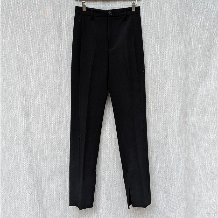 Zara Pants Womens XS Full Length Trousers Black Pleated Straight Leg Ankle Slit