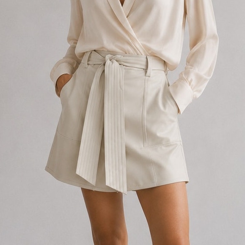 Vince Stitched-belt Lamb Leather Shorts Womens 10 Light Dove High-rise