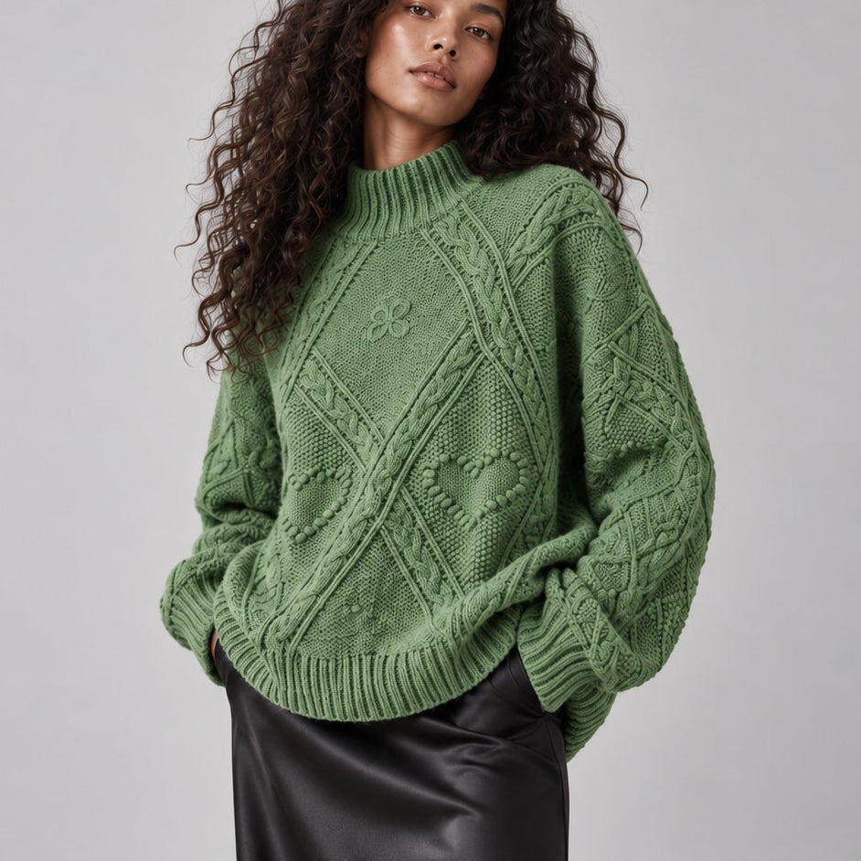 Aelfric Eden Green Oversized Cable Knit Mock Neck Long Sleeve Sweater Size M