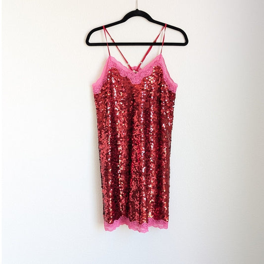 NWT Anthropologie Love Stories Willow Pink Lace Sequin Slip Short Dress, size S