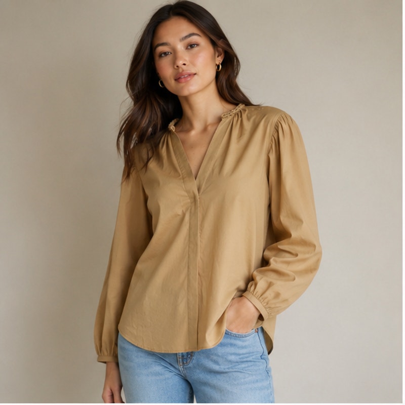 Vince Braided Trim Long-Sleeve Cotton Blouse in Jute Womens M Tan V-neck Top