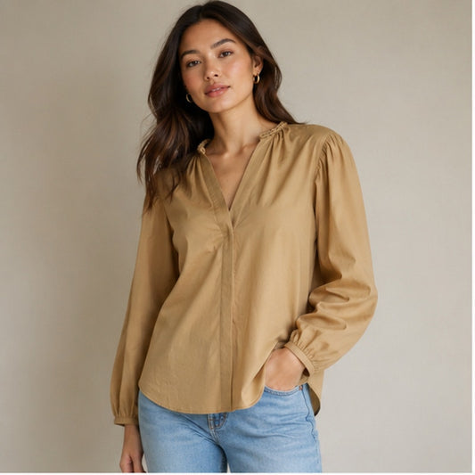 Vince Braided Trim Long-Sleeve Cotton Blouse in Jute Womens M Tan V-neck Top