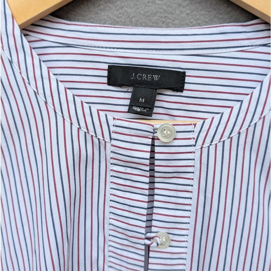 J. Crew Red/Blue Striped Embroidered Sleeves Tie Front/Back Tunic Blouse, size M