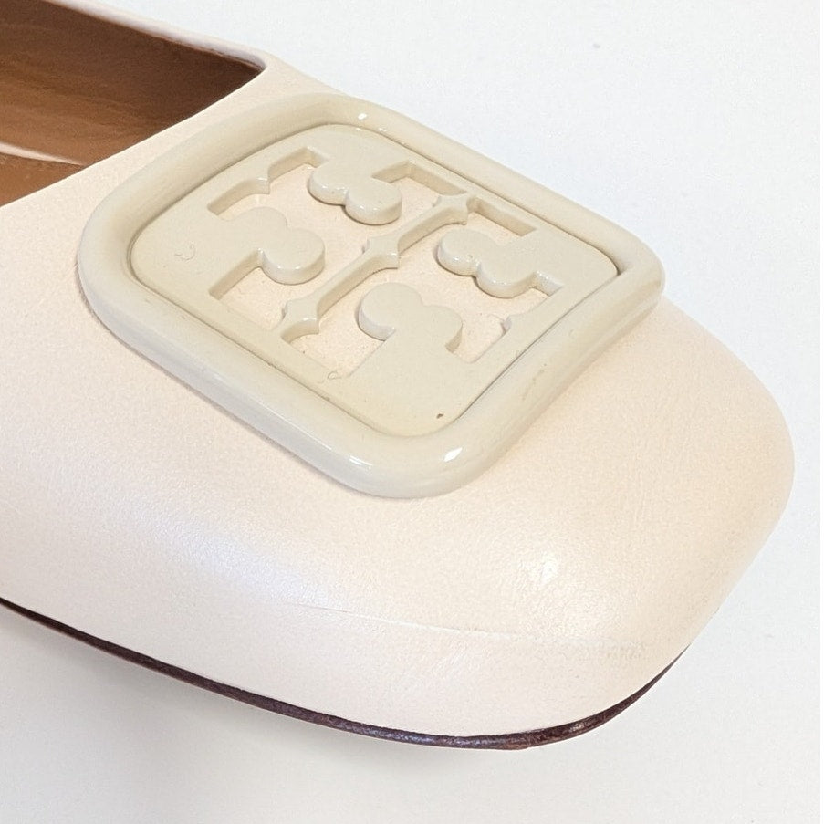Tory Burch Georgia Ballet Flat Womens 9C Cream Leather Logo Square Toe
