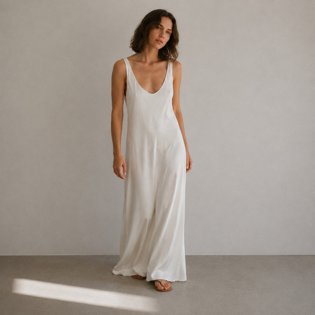 Enza Costa Off-White Satin Slip Maxi Dress Womens 2 Sleeveless Scoop Neck Split