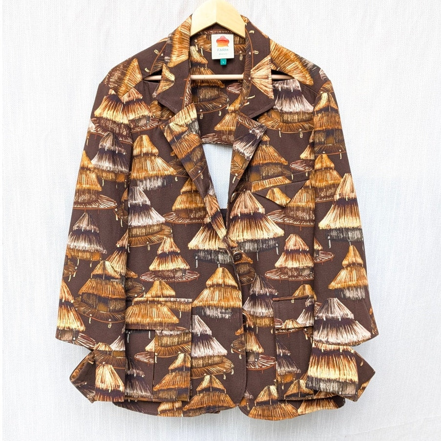Farm Rio Shuhu Brown Cutout Single-breasted Long Sleeve Blazer Jacket, size L
