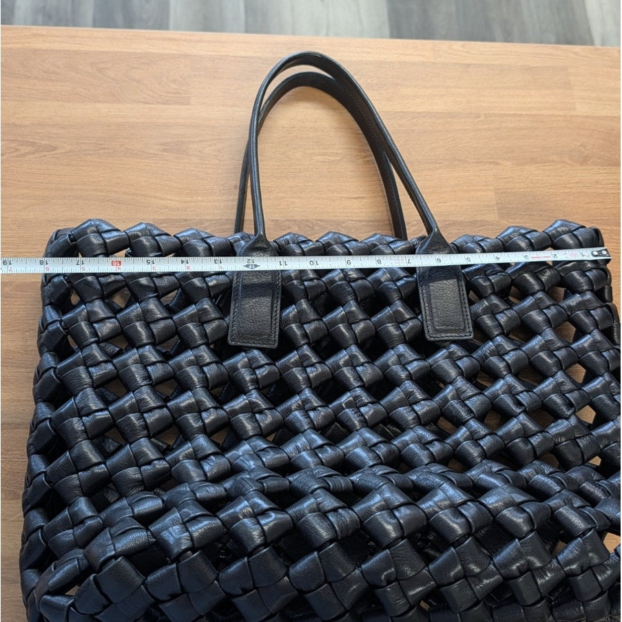 Black Genuine Leather Woven Tote Bag Large Shoulder Handbag Open Top Womens
