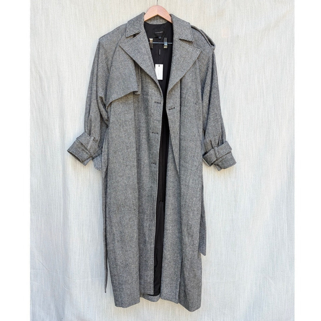 JLUXLABEL Herringbone Oversized Trench Coat Womens L/XL Gray Wool Blend Long NWT