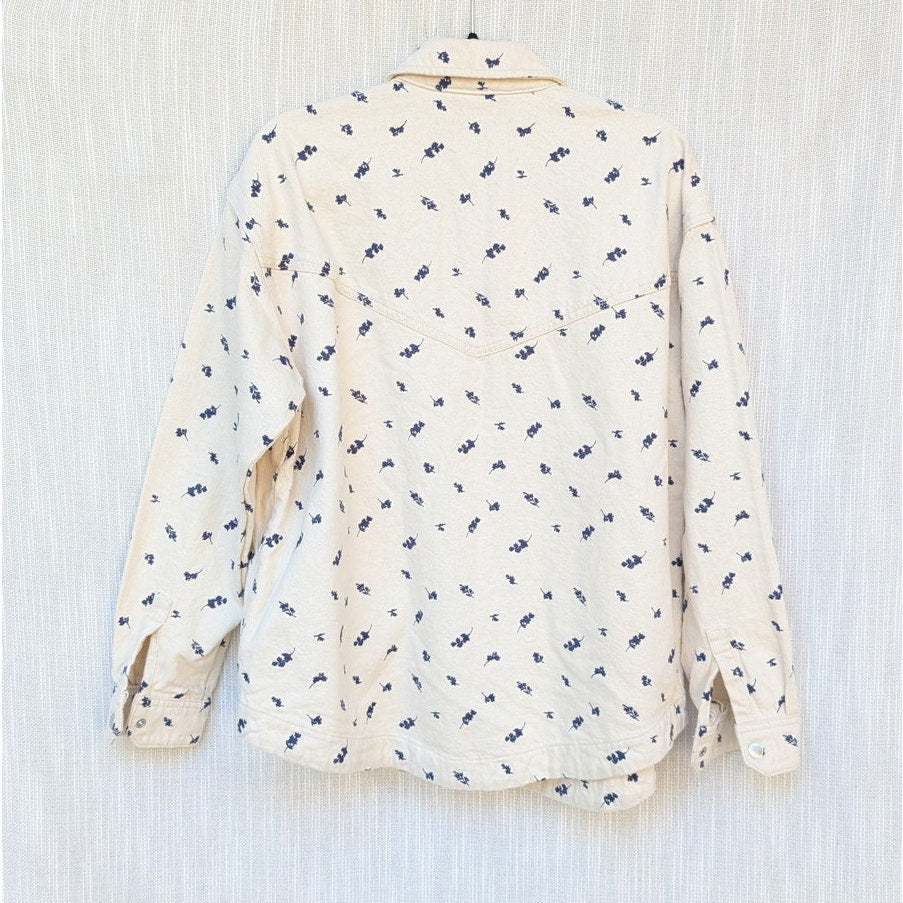 Frank & Oak Cream/White Floral Denim Button-up Long Sleeve Overshirt, size M