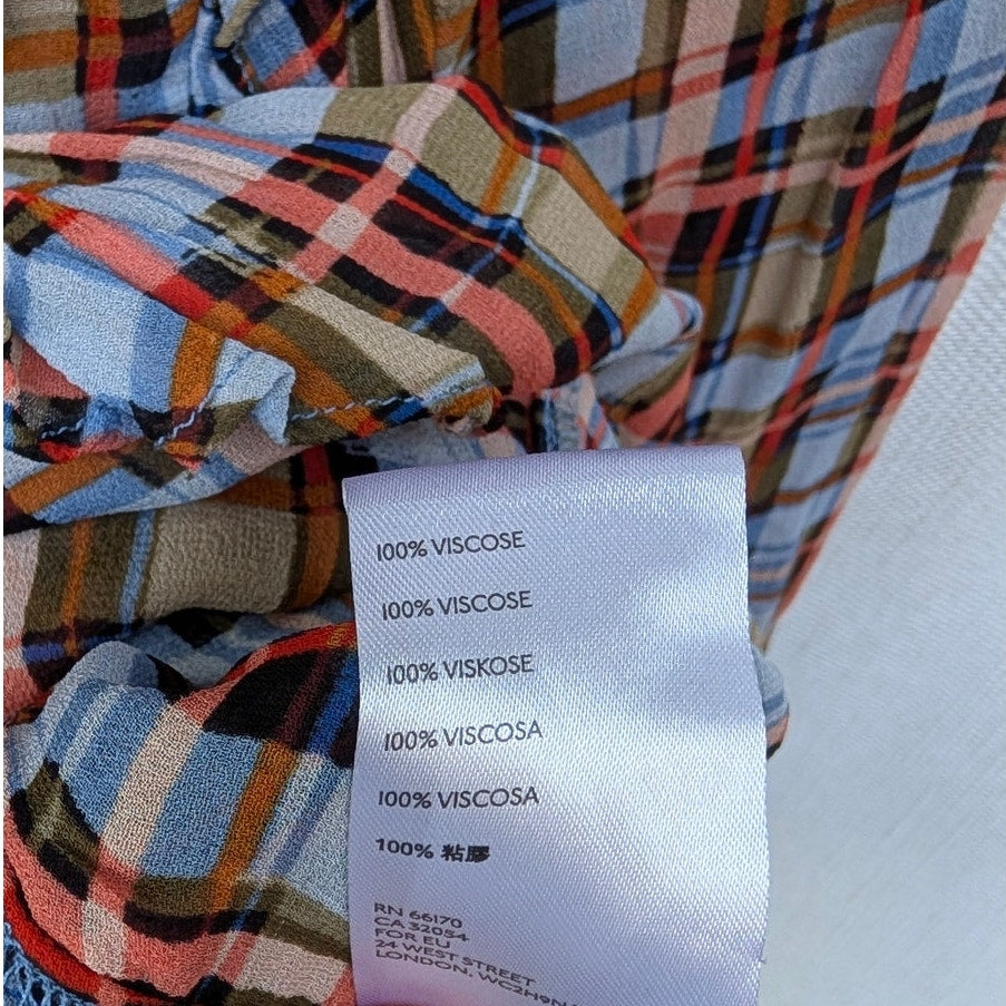 Anthropologie Maeve Laila Chiffon Ruffle Plaid Long Sleeve Wrap Blouse, size 4