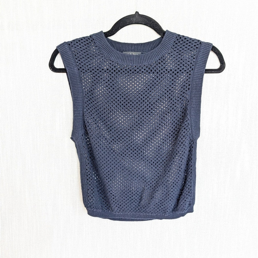 Rag&Bone Sleeveless Vest Top Womens XS Navy Cashmere/Cotton Open Knit