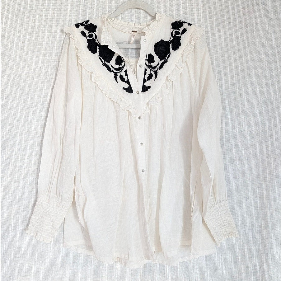 Free People Rose Vines Embroidered Top Womens S White Floral Cotton Button-up