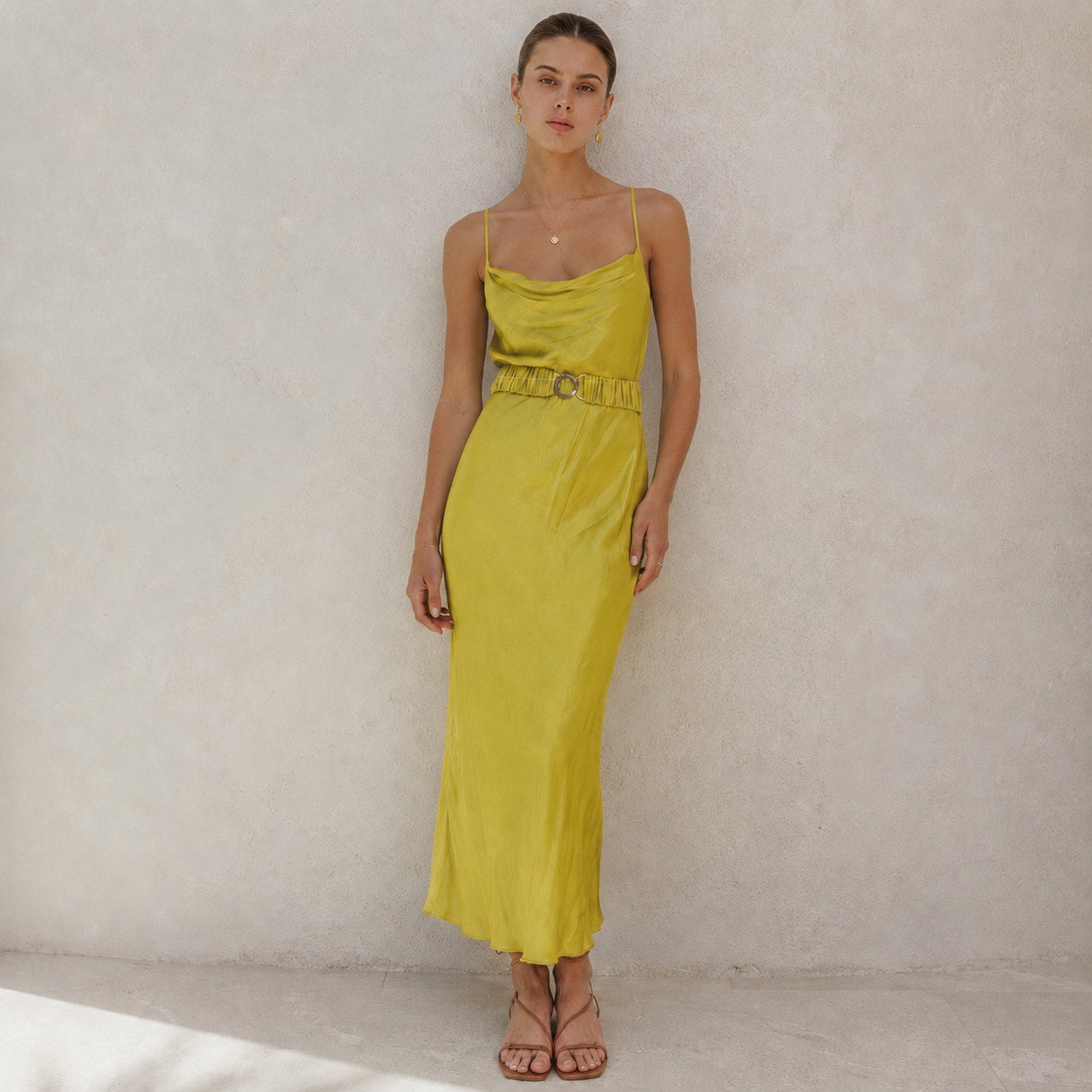 Shona Joy Dress Women 4 Lime Gala Bias Spaghetti Strap Sleeveless Belt Midi/Maxi