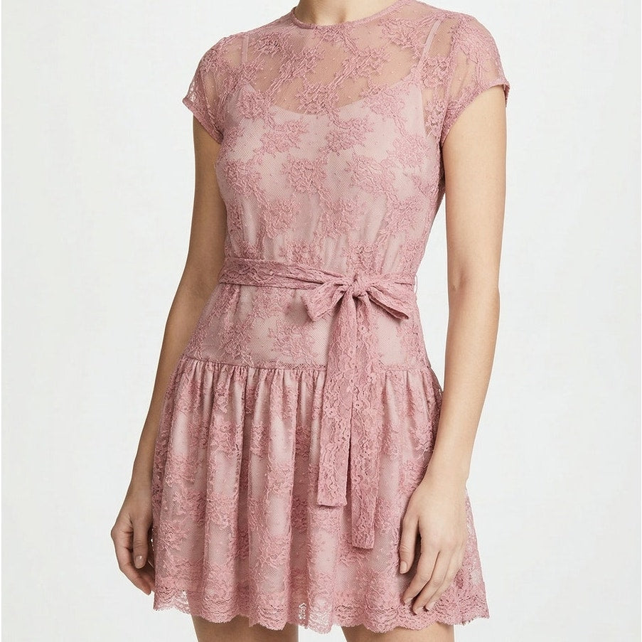 RED Valentino Lace Dress Womens IT 48/ L Pink Belted Short Sleeve Ruffle Mini