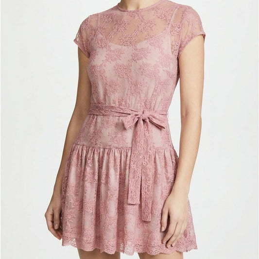 RED Valentino Lace Dress Womens IT 48/ L Pink Belted Short Sleeve Ruffle Mini