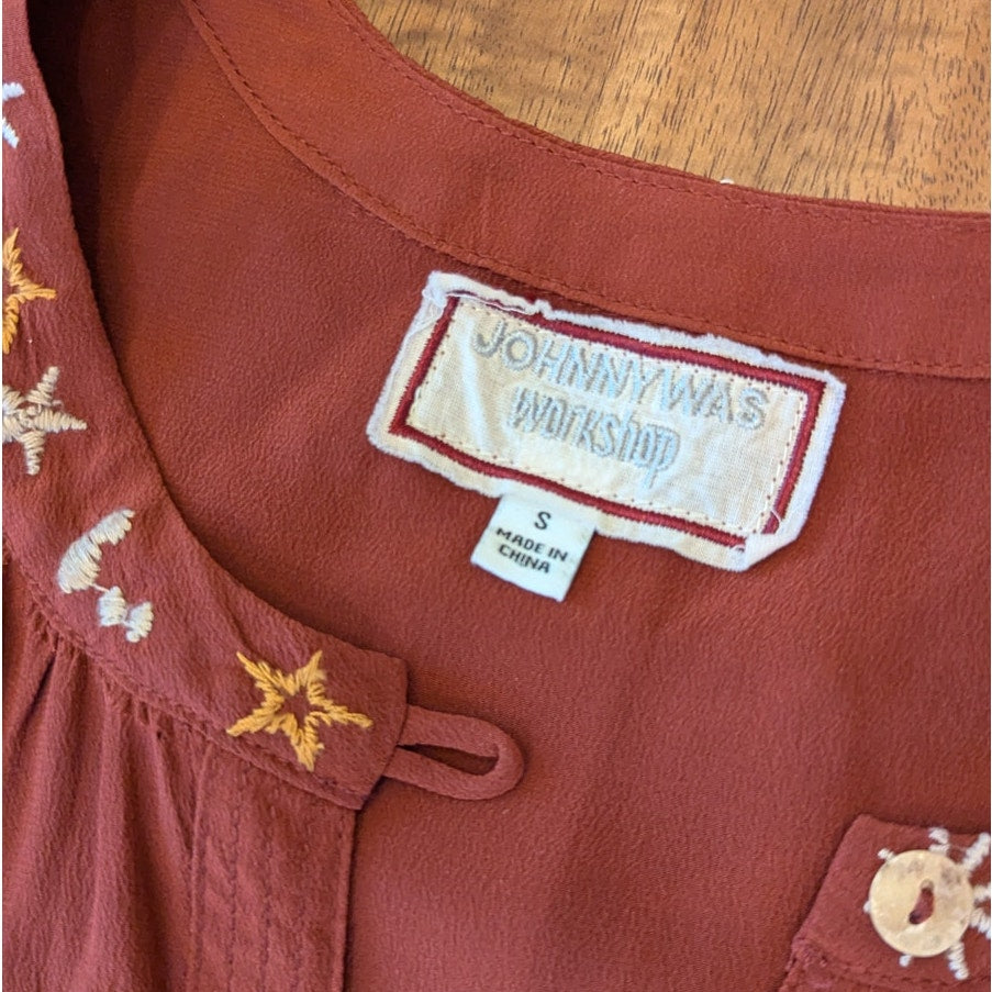 Johnny Was Workshop Maxi Dress S 100% Silk Embroidered Celestial Zodiac Midi