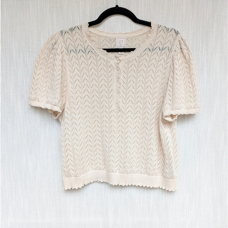 Gap × DÔEN Linen-blend Pointelle Short Sleeve Knit Top Womens XL Cream Crewneck