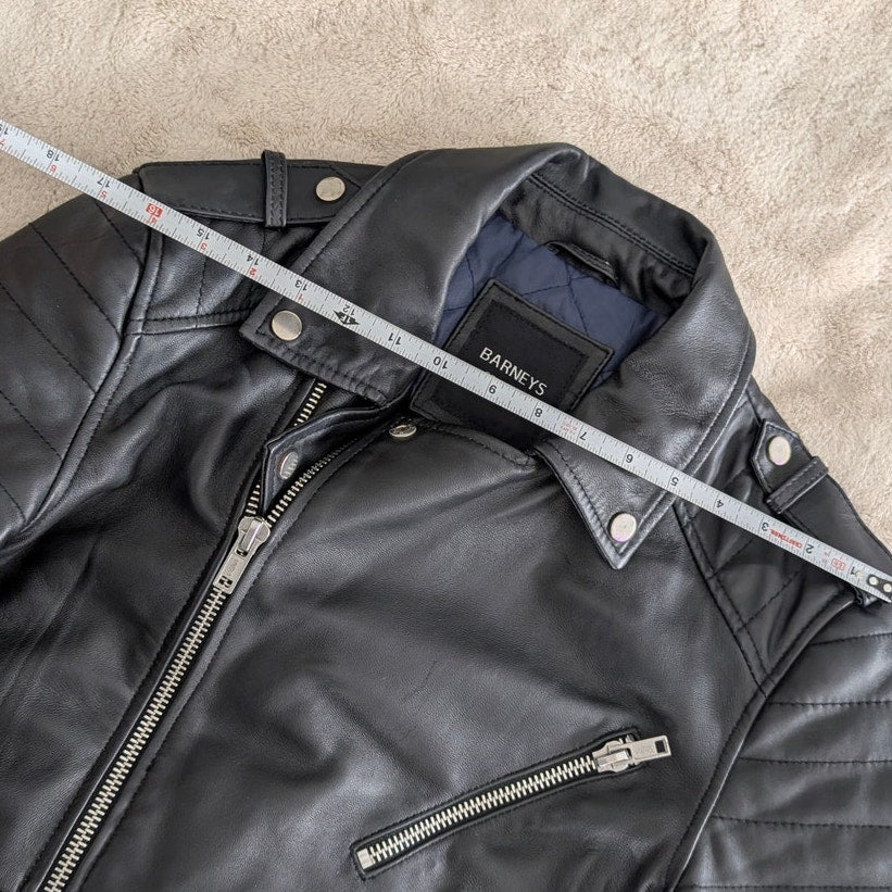 Barneys Men's Originals Black Leather Moto Biker Full Zip Jacket, size M