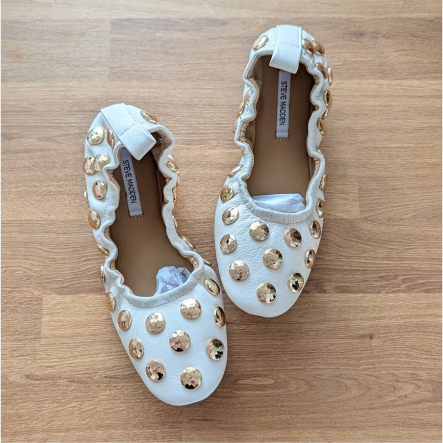 Steve Madden Lanta Flats Womens 6 White Leat Leather Gold Studded Ballet