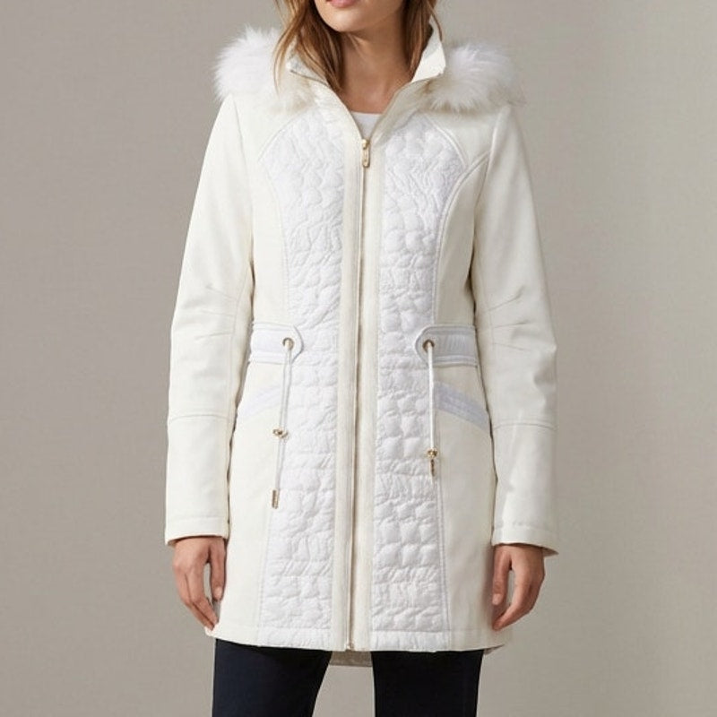 Via Spiga White Hooded Faux Fur Full Zip Quilted Coat Jacket, size XS