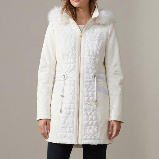 Via Spiga White Hooded Faux Fur Full Zip Quilted Coat Jacket, size XS