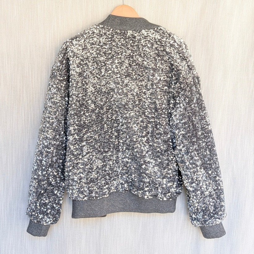 Zara Silver Sequin Bomber Jacket Unisex Mens Womens L Oversized Long Sleeve