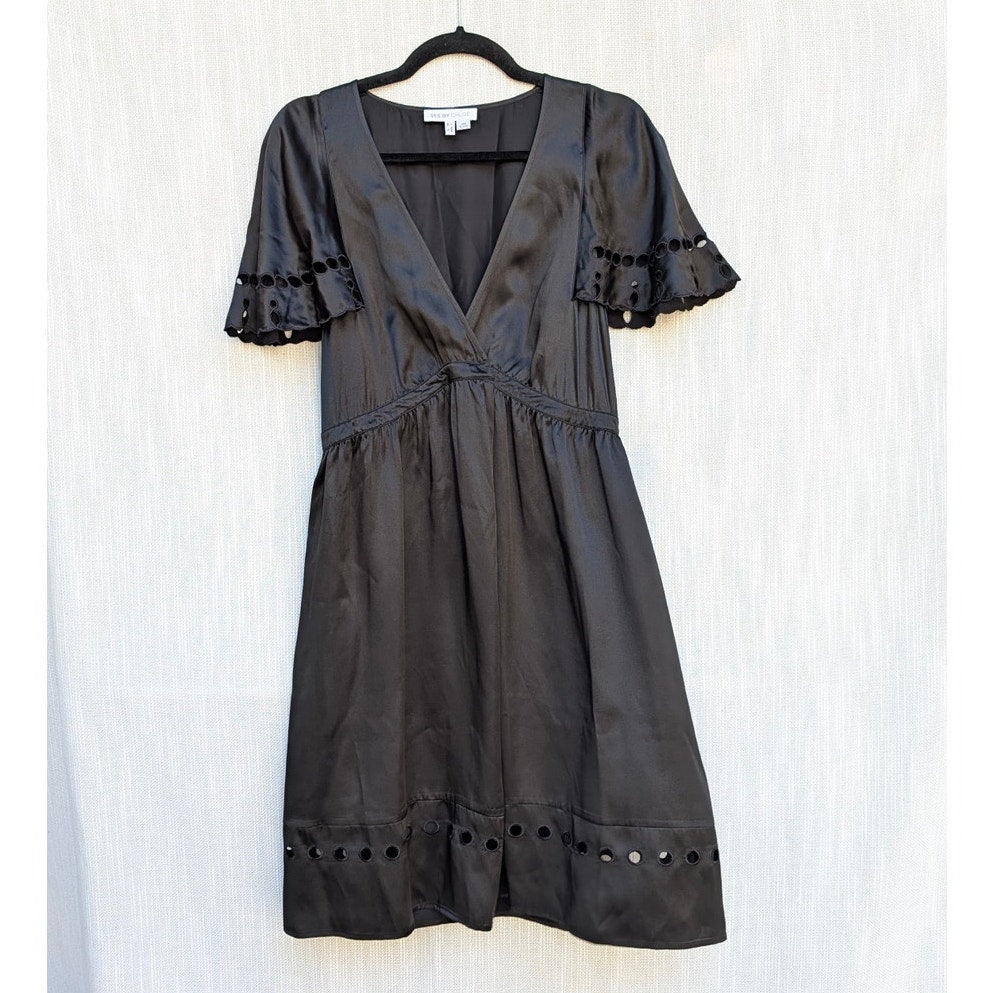 See by Chloe Silk Cutwork Detail Dress Womens 6 Black V-neck Short Sleeve Mini