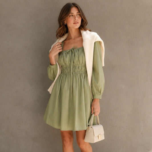 J.Crew Dress Womens 8P Green Cinched-waist Cotton Poplin Long Sleeve Mini
