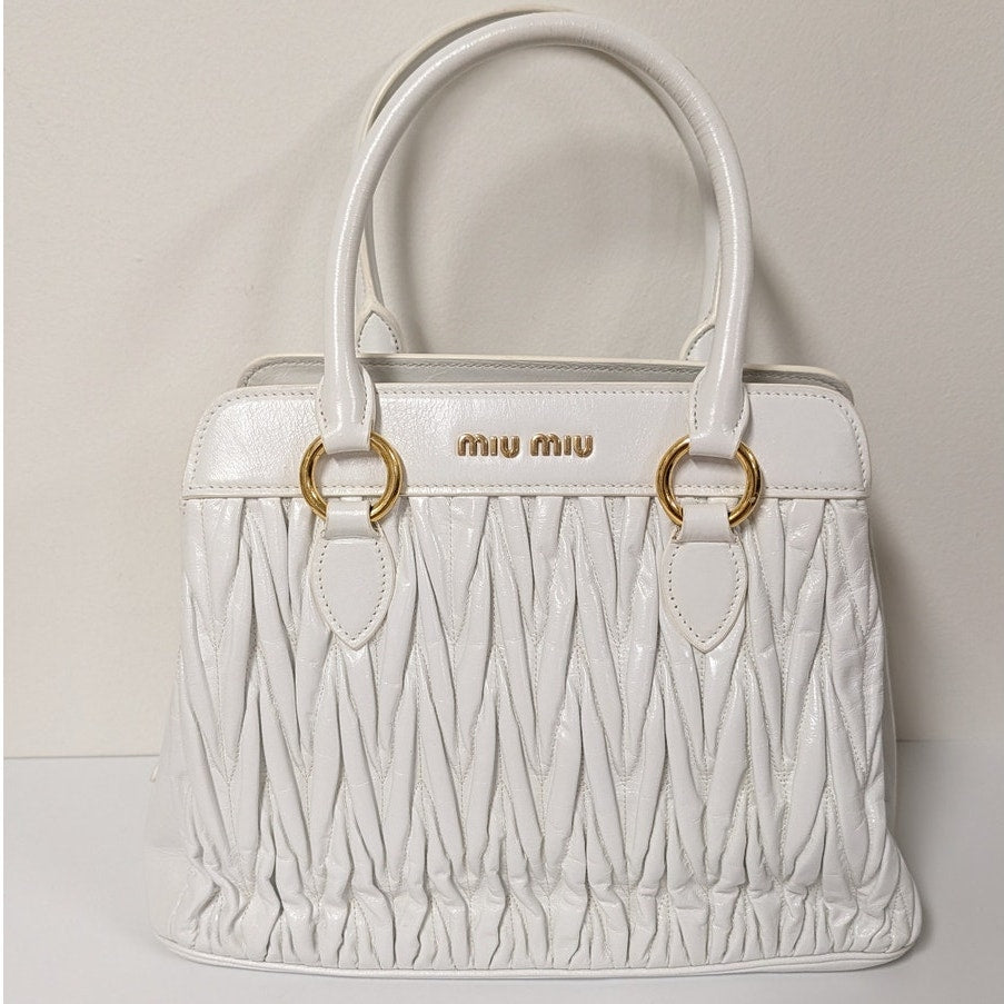 Miu Miu Matelassé Leather Handbag in White Quilted Logo Crossbody Strap