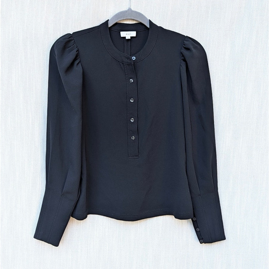 A.L.C. Markle Top Blouse Womens 2 Black Crewneck Button-up Long Sleeve