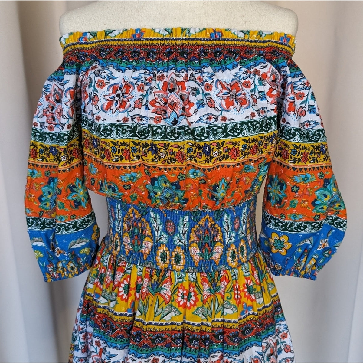 Shoshanna Solstice Cotton Off-Shoulder Multicolor Mini Dress, size XS