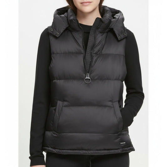 DKNY Sport Premium Down Black Half-Zip Down Puffer Hood Vest, size M