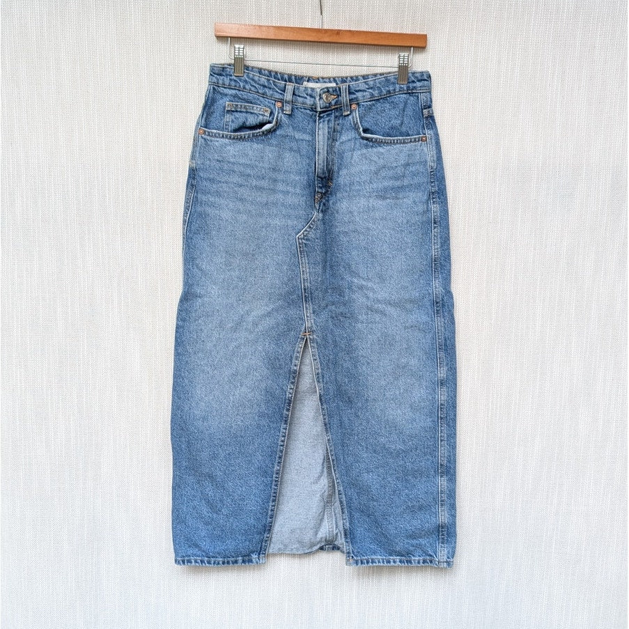Mango MNG Blue Denim Slit A-line Midi Skirt, size M