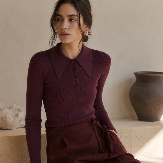8 by YOOX Polo Sweater Womens S Burgundy Ribbed Knit Viscose Long Sleeve Top