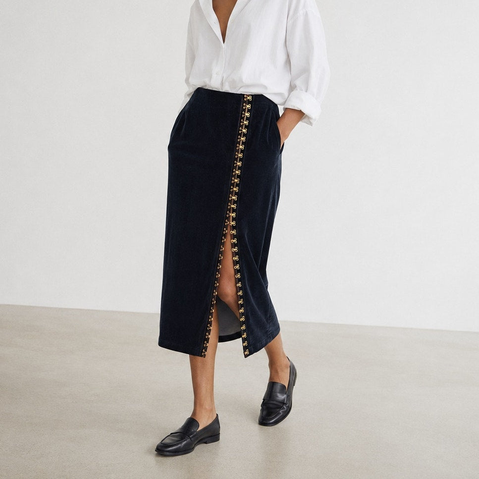 Gin Gin Paris Vintage Navy/Black Velvet Hook & Eye Front Pencil Midi Skirt, size S-M