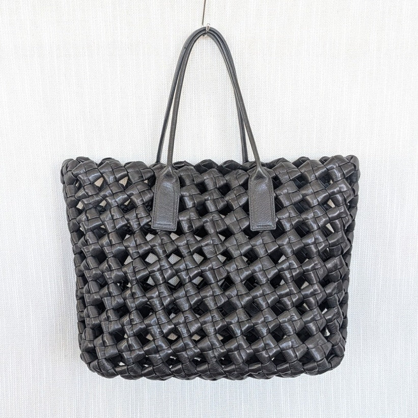 Black Genuine Leather Woven Tote Bag Large Shoulder Handbag Open Top Womens