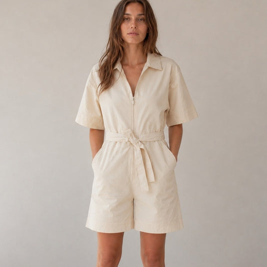 Lime Jumpsuit Womens S Ivory Linen Short Sleeve V-neck Zip Mid-thigh Catsuit