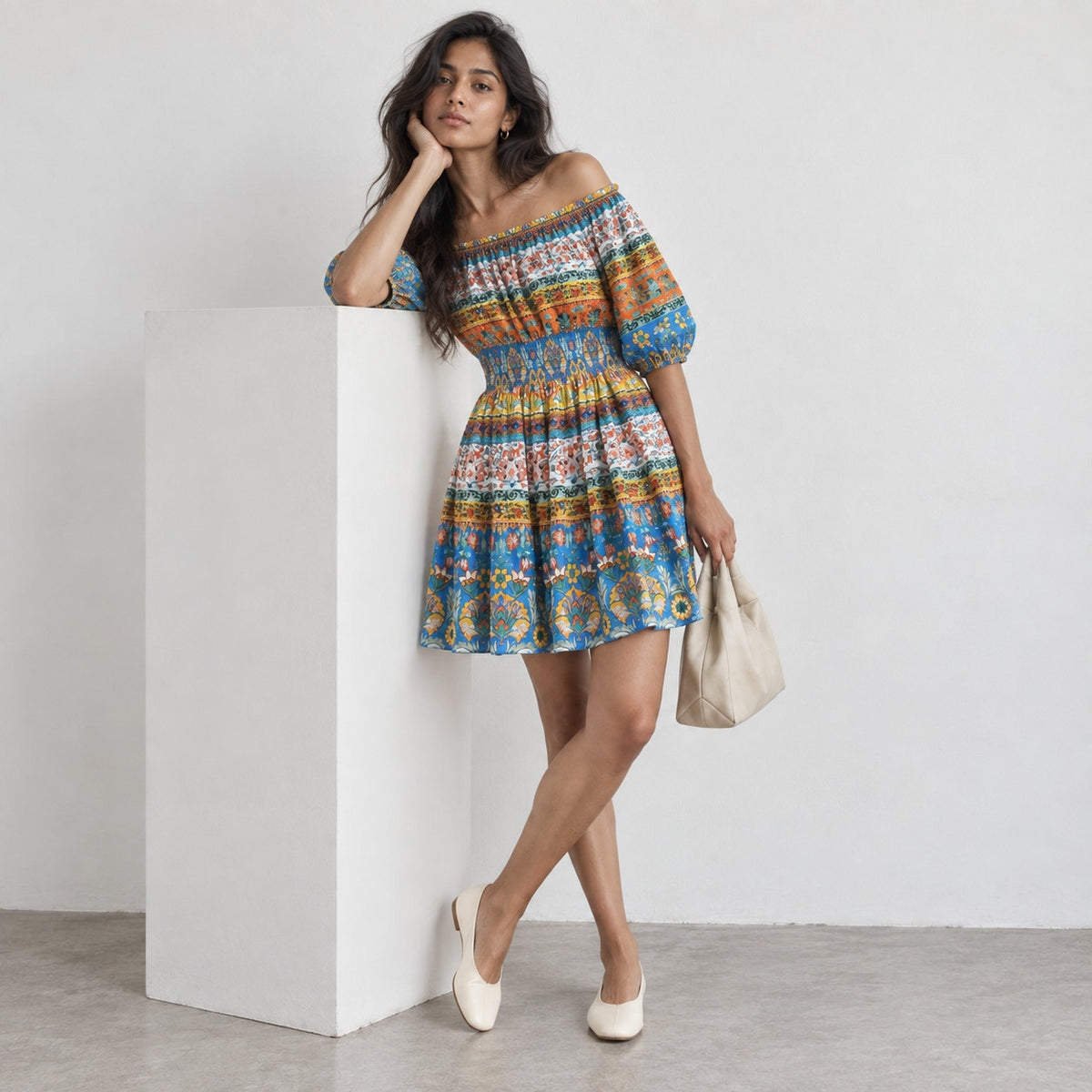 Shoshanna Solstice Cotton Off-Shoulder Multicolor Mini Dress, size XS
