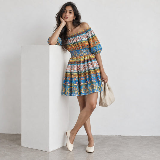 Shoshanna Solstice Cotton Off-Shoulder Multicolor Mini Dress, size XS
