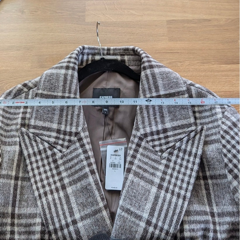 Express Plaid Double-Breasted Wool-Blend Topcoat Unisex Mens L Brown Long NWT