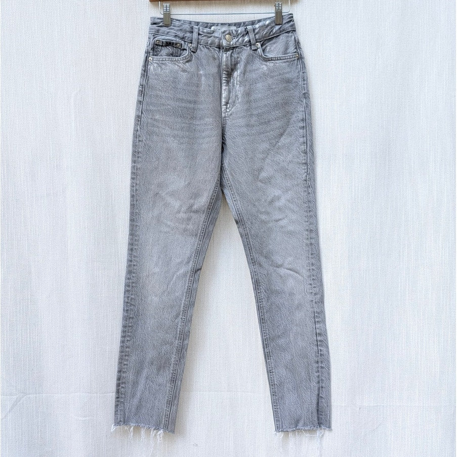 Zara Shimmer Gray Denim Raw Hem High-Rise Ankle Leg Jeans, size 2